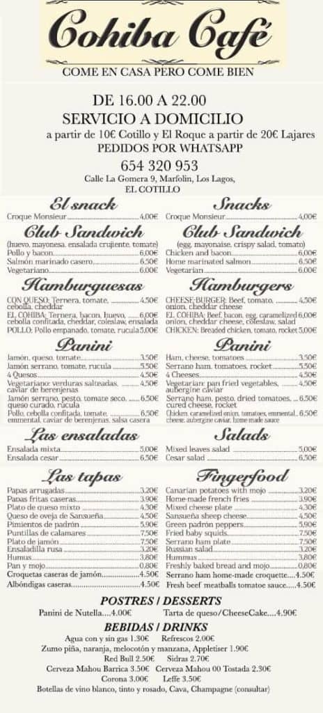 Home deliveries in El Cotillo during lockdown 1 Cohiba Cafe Home Deliveries Menu El Cotillo
